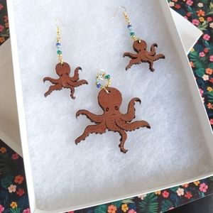 Wood Octopus Earring and Pendant Set